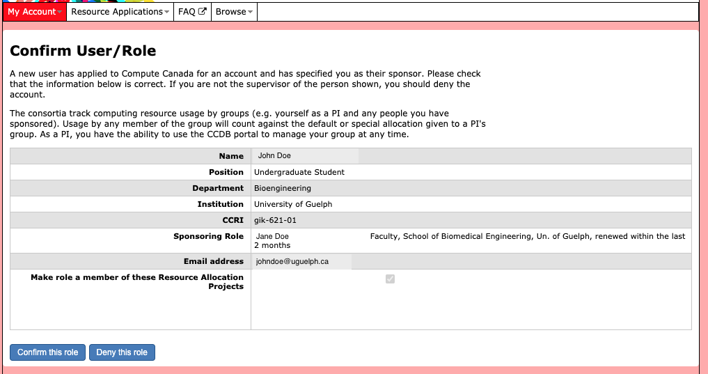 Compute Canada Confirm User Role Screenshot